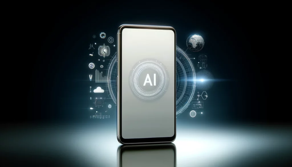 DALL·E 2024 05 31 00.41.41 A futuristic realistic image featuring a smartphone with a clean empty screen and elements representing AI and its growth. The background is sleek