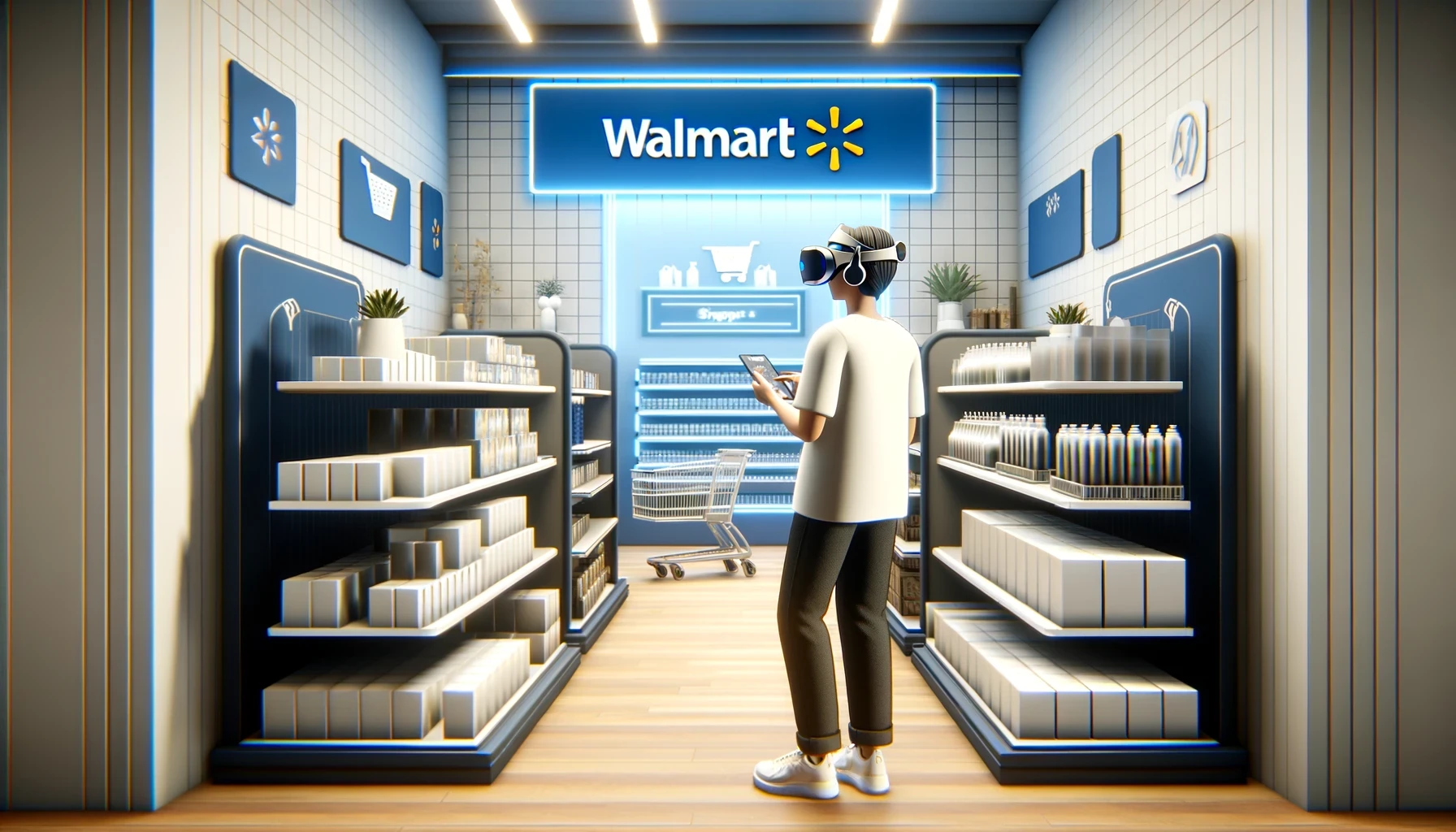 DALL·E 2024 06 06 18.05.04 A more realistic scene showing a virtual reality headset user navigating through a virtual Walmart store in the metaverse. Digital shelves are stocked