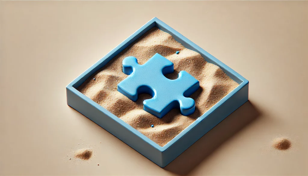 DALL·E 2024 07 08 11.44.37 A realistic blue puzzle piece in a square sandbox with a plain background. The puzzle piece should be slightly embedded in the fine soft sand with s