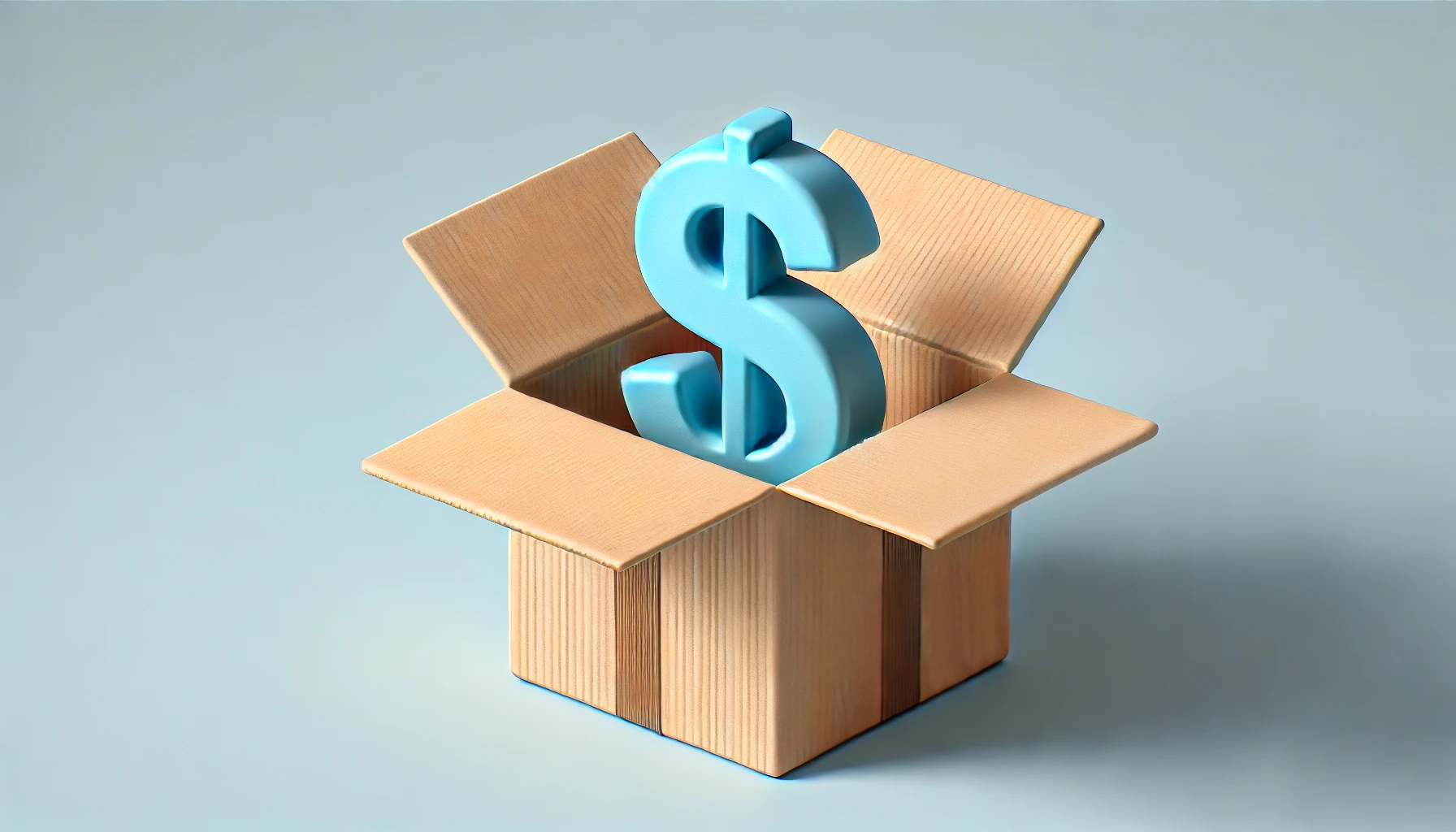DALL·E 2024 07 17 12.58.28 A realistic 3D depiction of a light brown cardboard box opening with a small, simple blue dollar sign emerging from it. The dollar sign should have sm