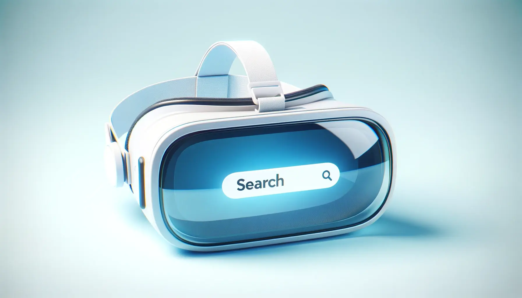 DALL·E 2024 07 31 14.59.56 A VR headset with a reflection of a search bar in the glass of the lenses but without the word search. The background should be plain light blue wi