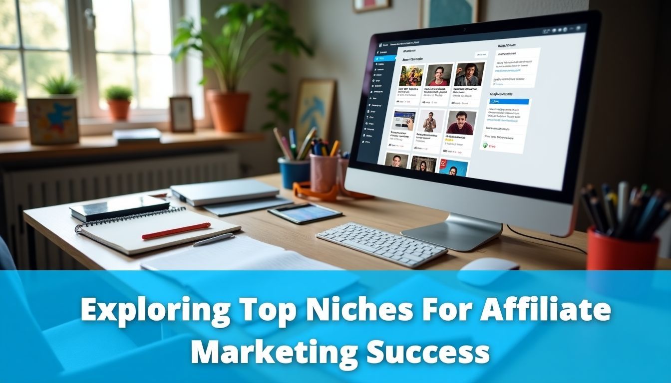 The image features a cluttered desk with affiliate marketing research.