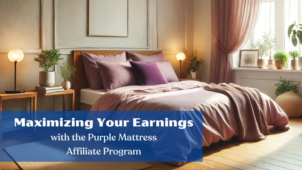 The image promotes the Purple Mattress Affiliate Program in a cozy bedroom setting.