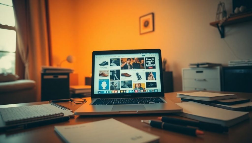 A cozy home office with an open laptop and scattered notebooks.