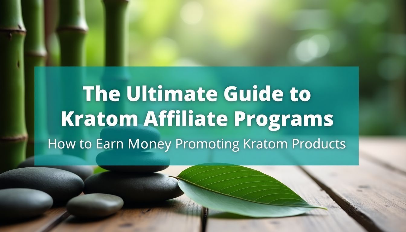 A close up of organic kratom leaf and affiliate program guide.