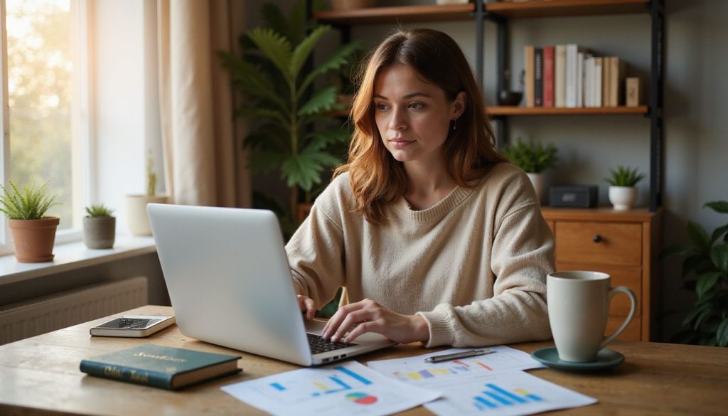 A woman focused on affiliate marketing in a home office.