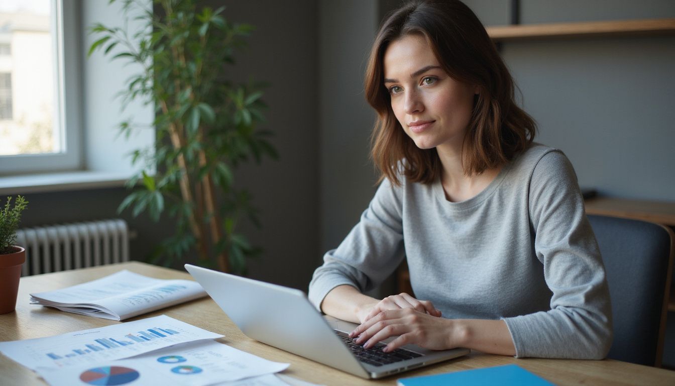 A woman at a modern desk working on marketing materials.