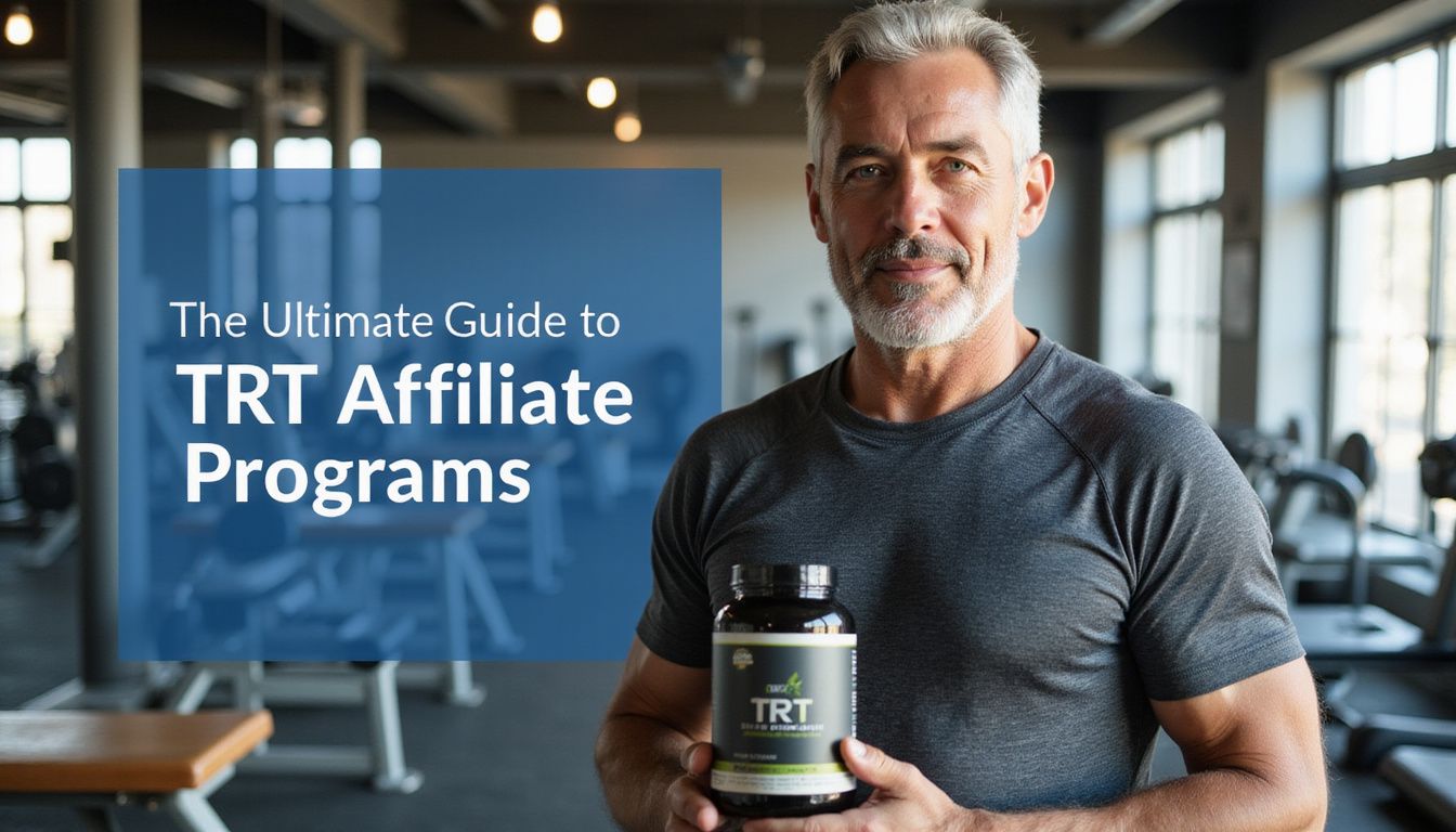 A middle-aged man promoting TRT affiliate programs in a gym setting. A middle-aged man promoting TRT affiliate programs in a gym setting.