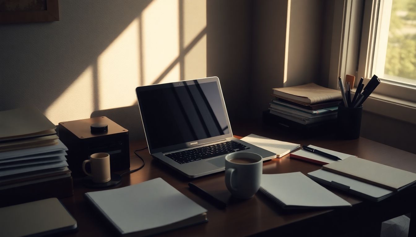 A cluttered desk with open laptop, notebooks, pens, and coffee cup. A cluttered desk with open laptop, notebooks, pens, and coffee cup.